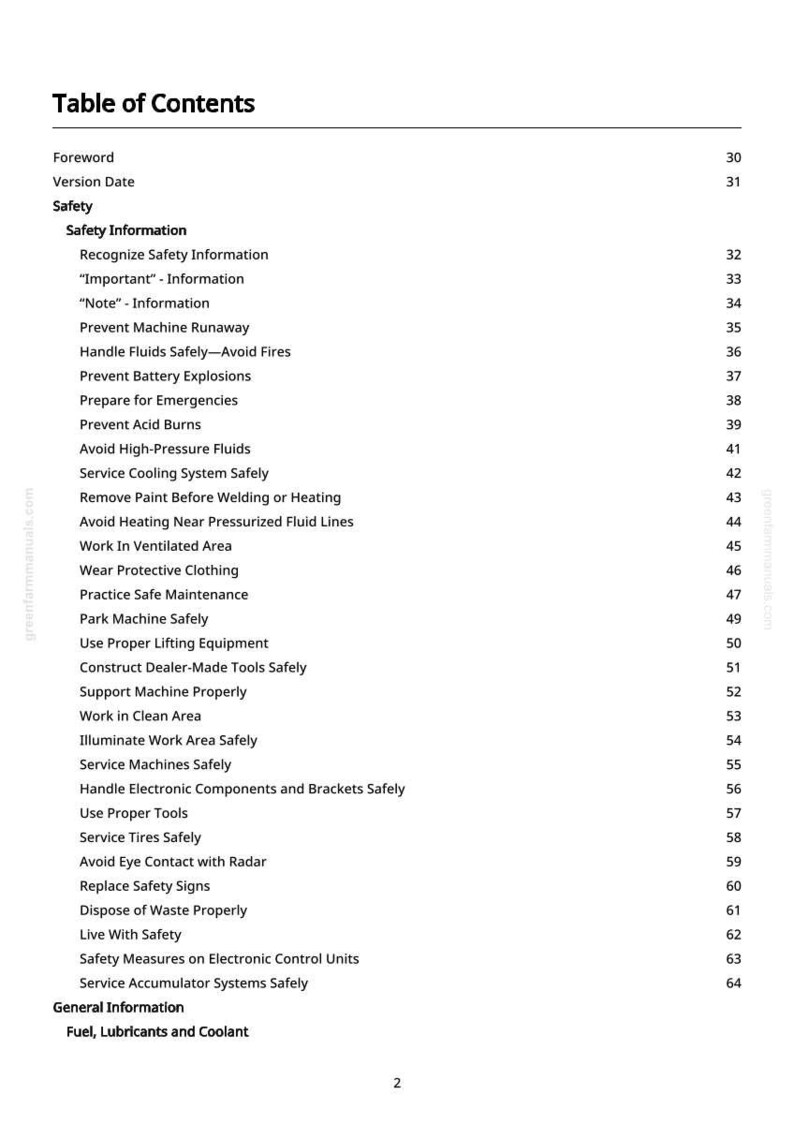 May include: A white page titled "Table of Contents" from a manual. The text lists safety topics, including "Prevent Machine Runaway" and "Handle Fluids Safely." Page numbers are on the right. The manual is for greenfarmmanuals.com.