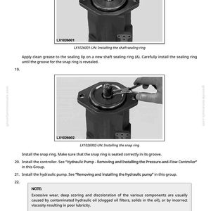 Pu&ograve; includere: Schema di componenti meccanici con istruzioni testuali. L'immagine mostra una vista dettagliata di un gruppo pompa idraulica, compresa l'installazione di un anello di tenuta dell'albero e di un anello elastico. Il testo include numeri di parte e passaggi di installazione.