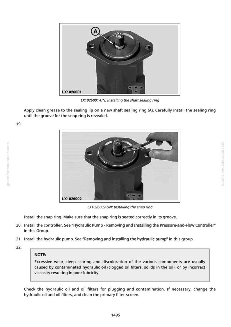 Pu&ograve; includere: Schema di componenti meccanici con istruzioni testuali. L'immagine mostra una vista dettagliata di un gruppo pompa idraulica, compresa l'installazione di un anello di tenuta dell'albero e di un anello elastico. Il testo include numeri di parte e passaggi di installazione.