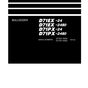 Puede incluir: Manual de taller en blanco y negro para una excavadora. El manual incluye los n&uacute;meros de modelo D71EX-24, D71EX-24E0, D71PX-24 y D71PX-24E0. El logotipo de Komatsu est&aacute; en la parte inferior.