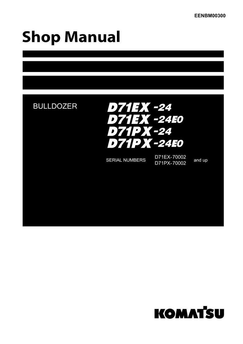 Puede incluir: Manual de taller en blanco y negro para una excavadora. El manual incluye los n&uacute;meros de modelo D71EX-24, D71EX-24E0, D71PX-24 y D71PX-24E0. El logotipo de Komatsu est&aacute; en la parte inferior.