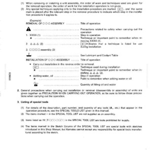 K&ouml;nnte beinhalten: Eine Seite aus einem Handbuch mit dem Titel &bdquo;METHODE ZUR VERWENDUNG DES HANDBUCHS&ldquo;. Der Text beschreibt Verfahren zum Aus- und Einbau von Bauteilen, einschlie&szlig;lich Sicherheitsvorkehrungen und Spezialwerkzeugen. Die Seite enth&auml;lt Diagramme und nummerierte Schritte.