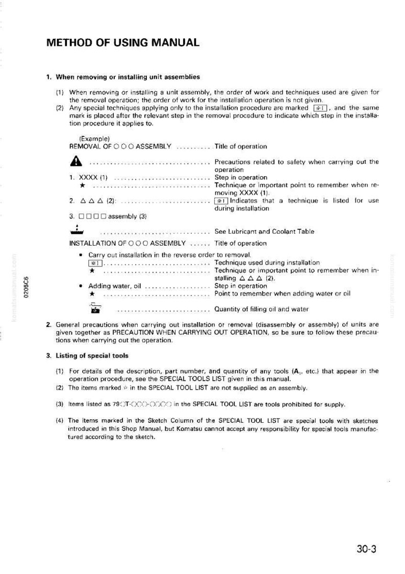 K&ouml;nnte beinhalten: Eine Seite aus einem Handbuch mit dem Titel &bdquo;METHODE ZUR VERWENDUNG DES HANDBUCHS&ldquo;. Der Text beschreibt Verfahren zum Aus- und Einbau von Bauteilen, einschlie&szlig;lich Sicherheitsvorkehrungen und Spezialwerkzeugen. Die Seite enth&auml;lt Diagramme und nummerierte Schritte.