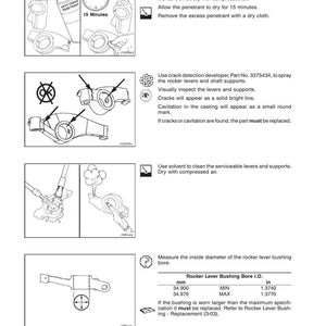 May include: A technical diagram detailing rocker lever assembly rebuild procedures. The image includes illustrations of the process, along with text instructions and specifications for the rocker lever bushing bore, including measurements in inches and millimeters.