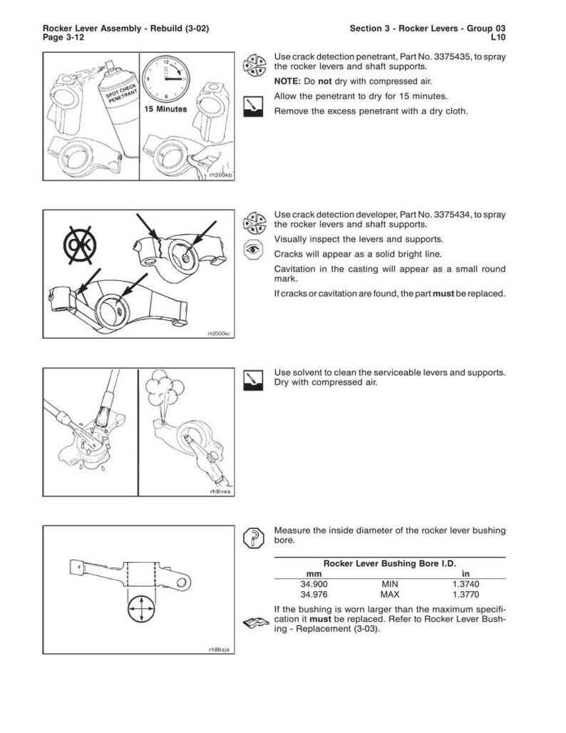 May include: A technical diagram detailing rocker lever assembly rebuild procedures. The image includes illustrations of the process, along with text instructions and specifications for the rocker lever bushing bore, including measurements in inches and millimeters.