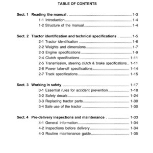 K&ouml;nnte beinhalten: Eine Seite aus einem Handbuch mit der &Uuml;berschrift "INTRODUCTION" und "CHAP.1". Das Inhaltsverzeichnis listet Abschnitte zum Lesen des Handbuchs, zur Traktoridentifizierung, zur Sicherheit und zu Vorlieferungsinspektionen auf.