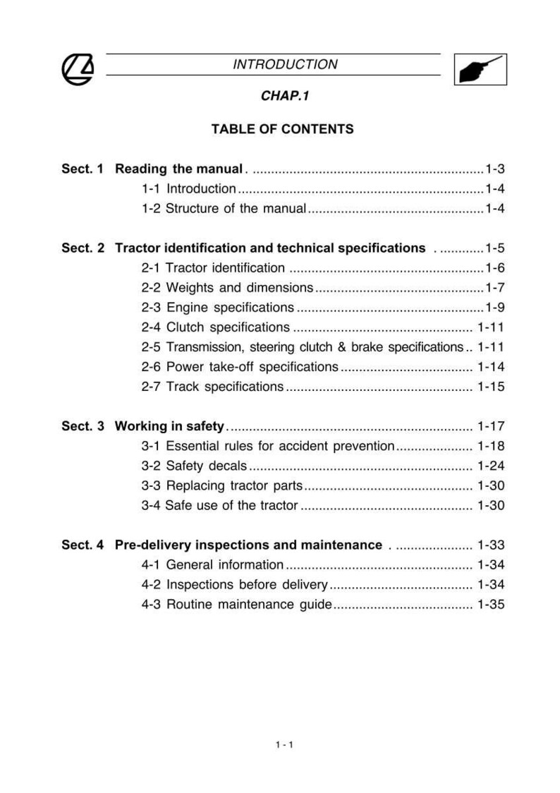 K&ouml;nnte beinhalten: Eine Seite aus einem Handbuch mit der &Uuml;berschrift "INTRODUCTION" und "CHAP.1". Das Inhaltsverzeichnis listet Abschnitte zum Lesen des Handbuchs, zur Traktoridentifizierung, zur Sicherheit und zu Vorlieferungsinspektionen auf.
