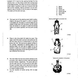 Op de afbeelding: Diagram van een stuursysteem met onderdelen zoals spoel, huls en aandrijfas. De tekst beschrijft de hydraulische werking en de olieflow binnen het stuurmechanisme.
