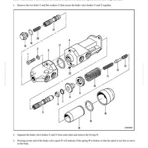 May include: An exploded diagram of a brake valve assembly, with various components labeled. The image includes text indicating disassembly instructions and part numbers. The diagram is in black and white.