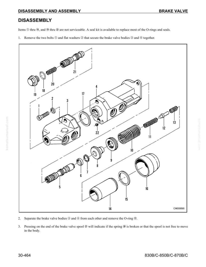 May include: An exploded diagram of a brake valve assembly, with various components labeled. The image includes text indicating disassembly instructions and part numbers. The diagram is in black and white.