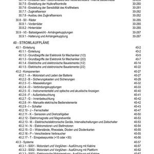 May include: A detailed table of contents in German, listing various mechanical and electrical components, including sections on hydraulics, electrical systems, and engine components. The document is organized with numbered headings and subheadings.
