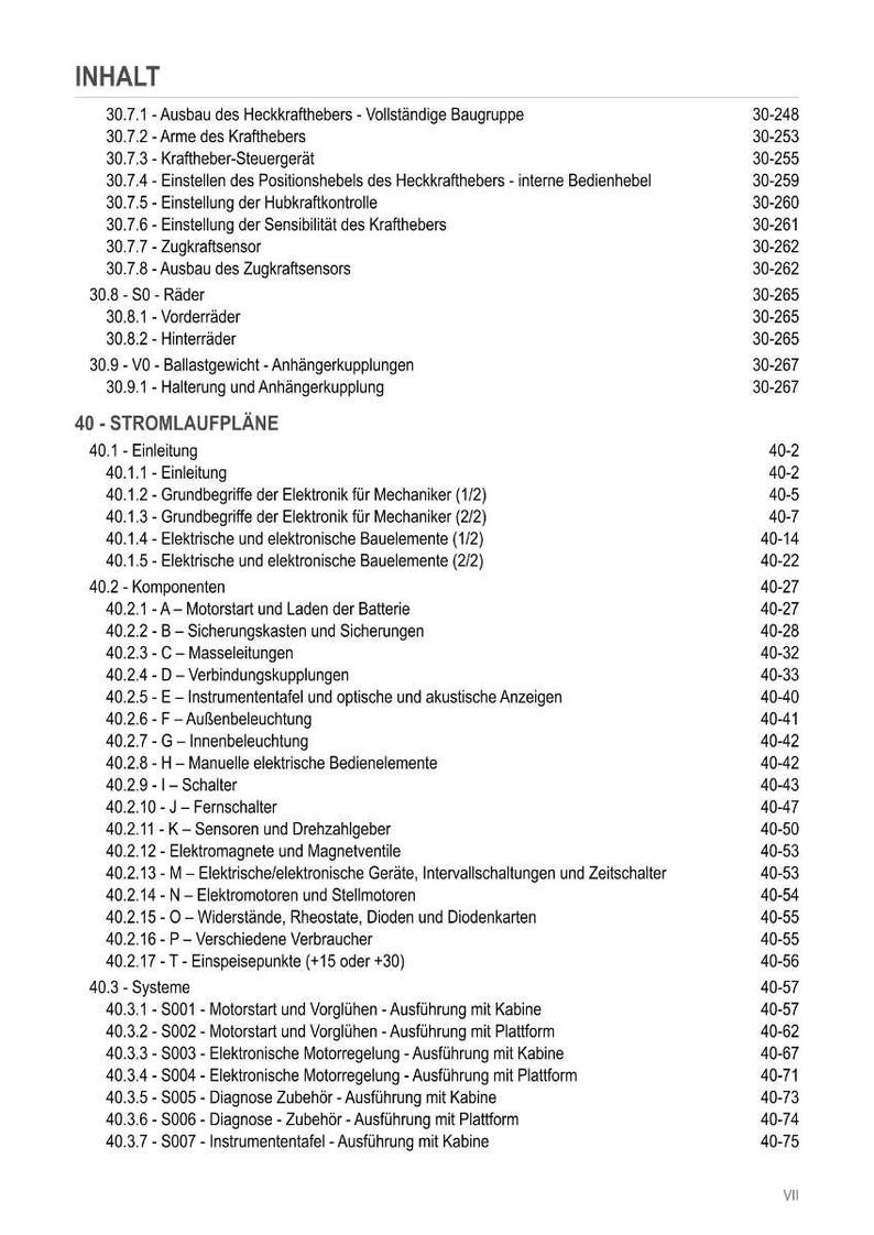 May include: A detailed table of contents in German, listing various mechanical and electrical components, including sections on hydraulics, electrical systems, and engine components. The document is organized with numbered headings and subheadings.