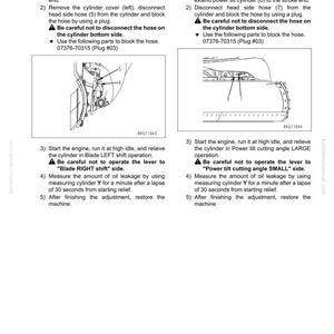 May include: Technical diagram illustrating procedures for testing oil leakage in a blade side shift cylinder and a power tilt cylinder. Includes numbered steps, diagrams, and warnings about disconnecting hoses. The document is from a Komatsu manual.
