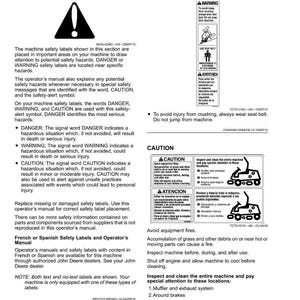 May include: A page from an operator's manual with safety labels and warnings. The text includes instructions and diagrams for machine safety, with warnings about potential hazards and injury prevention.