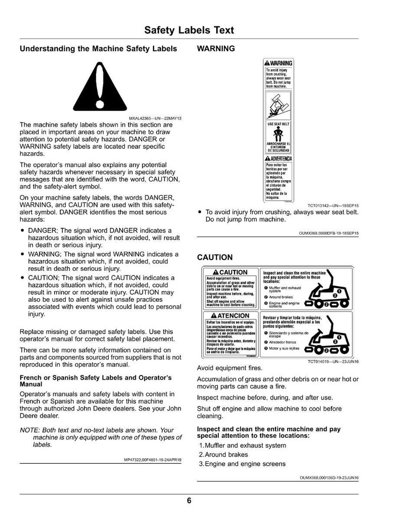May include: A page from an operator's manual with safety labels and warnings. The text includes instructions and diagrams for machine safety, with warnings about potential hazards and injury prevention.