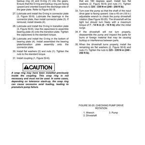 Puede incluir: P&aacute;gina de un manual con instrucciones para el desmontaje y montaje de una bomba. El texto detalla pasos como la instalaci&oacute;n de juntas t&oacute;ricas, el apriete de tuercas a 325-339 N-m y la comprobaci&oacute;n de la rotaci&oacute;n del eje. La figura 50-20 muestra una llave, el eje y la bomba.