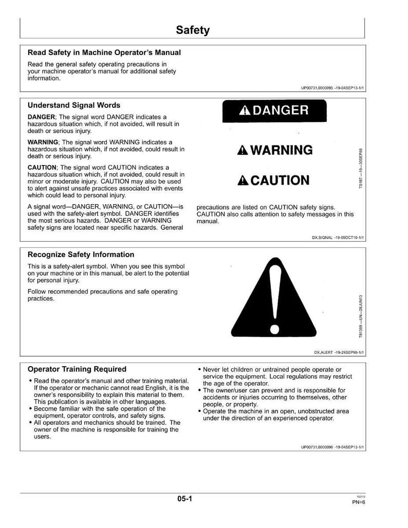 Puede incluir: Una p&aacute;gina del manual de seguridad titulada "Seguridad". Incluye informaci&oacute;n de seguridad, definiciones de palabras de se&ntilde;alizaci&oacute;n PELIGRO, ADVERTENCIA y PRECAUCI&Oacute;N, y requisitos de capacitaci&oacute;n del operador. Tambi&eacute;n se muestra un tri&aacute;ngulo negro con un signo de exclamaci&oacute;n.