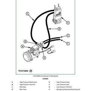 May include: Diagram of a Recover R134a System, featuring a refrigerant recovery/recycling and charging station, hoses, and test ports. Labeled components include high-pressure relief valve, red and blue hoses, and low-pressure test port.