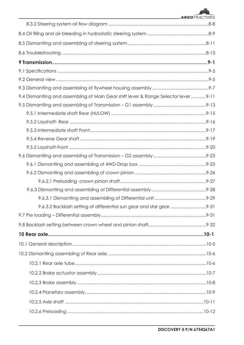 May include: A detailed page from a manual for Argo Tractors, with a table of contents. Sections include transmission, rear axle, and dismantling procedures. The text is black on a white background. The bottom right corner has the text "DISCOVERY II P/N 6754267A1".