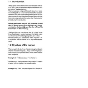 Op de afbeelding: Een witte handleidingpagina met zwarte tekst. De titel luidt "INLEIDING" en "Sect.1 - Hoe de handleiding te raadplegen." De tekst legt het doel, de structuur en de veiligheidsinstructies van de handleiding voor Trekker-tractoren uit. Bevat voorbeelden van paginanummering.