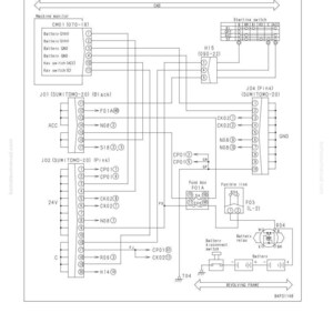 May include: A circuit diagram related to monitor power supply, with labels and lines. The diagram includes components like a machine monitor, starting switch, and fuse box. Text at the top reads "E-4 WHEN STARTING SWITCH IS TURNED TO ON POSITION, MACHINE MONITOR DISPLAYS NOTHING."