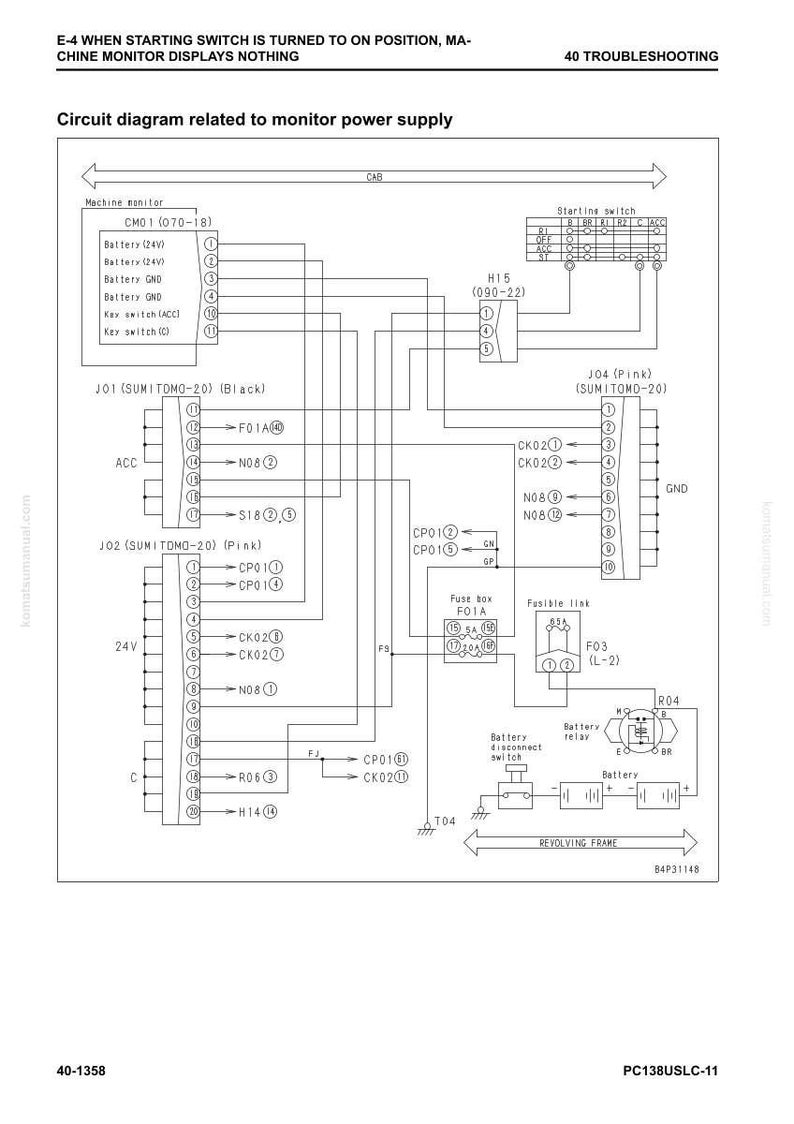 May include: A circuit diagram related to monitor power supply, with labels and lines. The diagram includes components like a machine monitor, starting switch, and fuse box. Text at the top reads "E-4 WHEN STARTING SWITCH IS TURNED TO ON POSITION, MACHINE MONITOR DISPLAYS NOTHING."