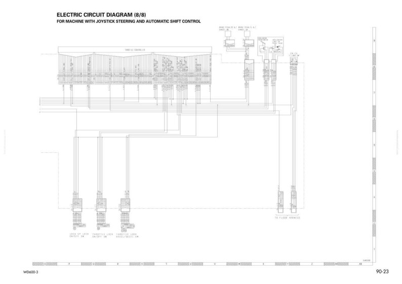 May include: A detailed electric circuit diagram (8/8) for a machine with joystick steering and automatic shift control. The diagram is in black and white, with numerous lines and symbols representing electrical components and connections. The page number is 90-23.
