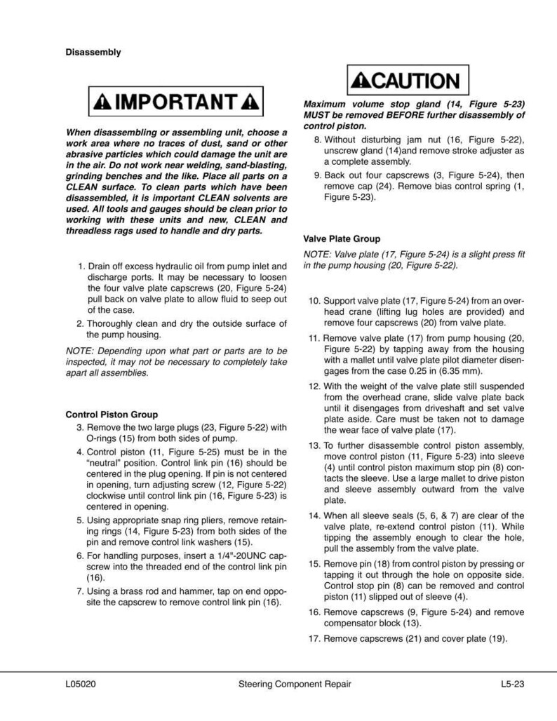 May include: A detailed technical diagram with instructions for disassembling a steering component. The document includes safety warnings, step-by-step procedures, and diagrams for various parts, such as valve plates and control pistons.