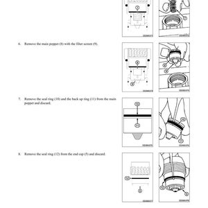 K&ouml;nnte beinhalten: Diagramm von Ger&auml;teventilen mit Anweisungen zur Demontage und Montage. Das Bild enth&auml;lt Illustrationen zum Entfernen von Teilen wie der Hauptventilfeder, dem Dichtungsring und dem Filter. Der Text enth&auml;lt "DEMONTAGE UND MONTAGE" und "GER&Auml;TEVENTILE".