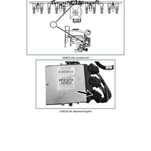 May include: Diagram of a rate controller J1 connector, with the text "XA8-1 - Rate Controller J1 Connector". The image includes a diagram of the location art and a machine graphic with the text "PF81019".
