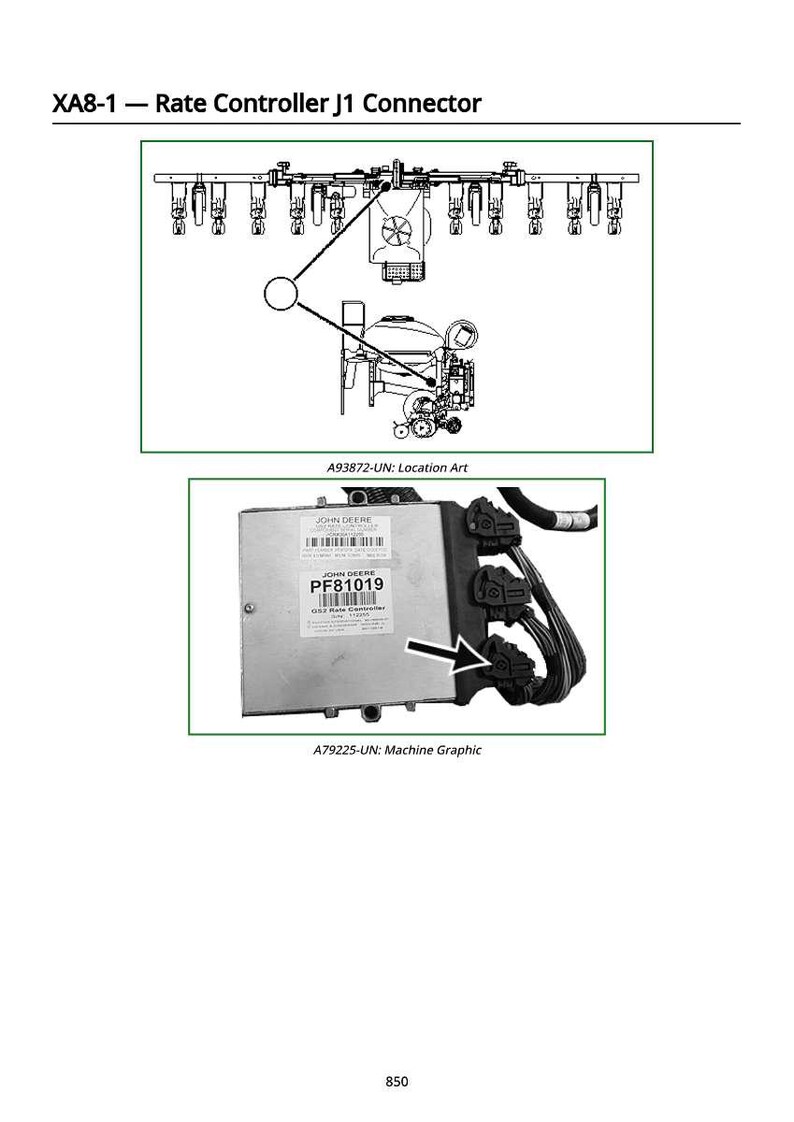 May include: Diagram of a rate controller J1 connector, with the text "XA8-1 - Rate Controller J1 Connector". The image includes a diagram of the location art and a machine graphic with the text "PF81019".