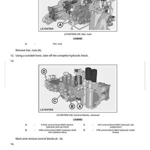 May include: Diagram of hydraulic components with labels and instructions. Includes close-up views of nuts and control blocks, with text annotations for removal and identification. The image is from a technical manual.