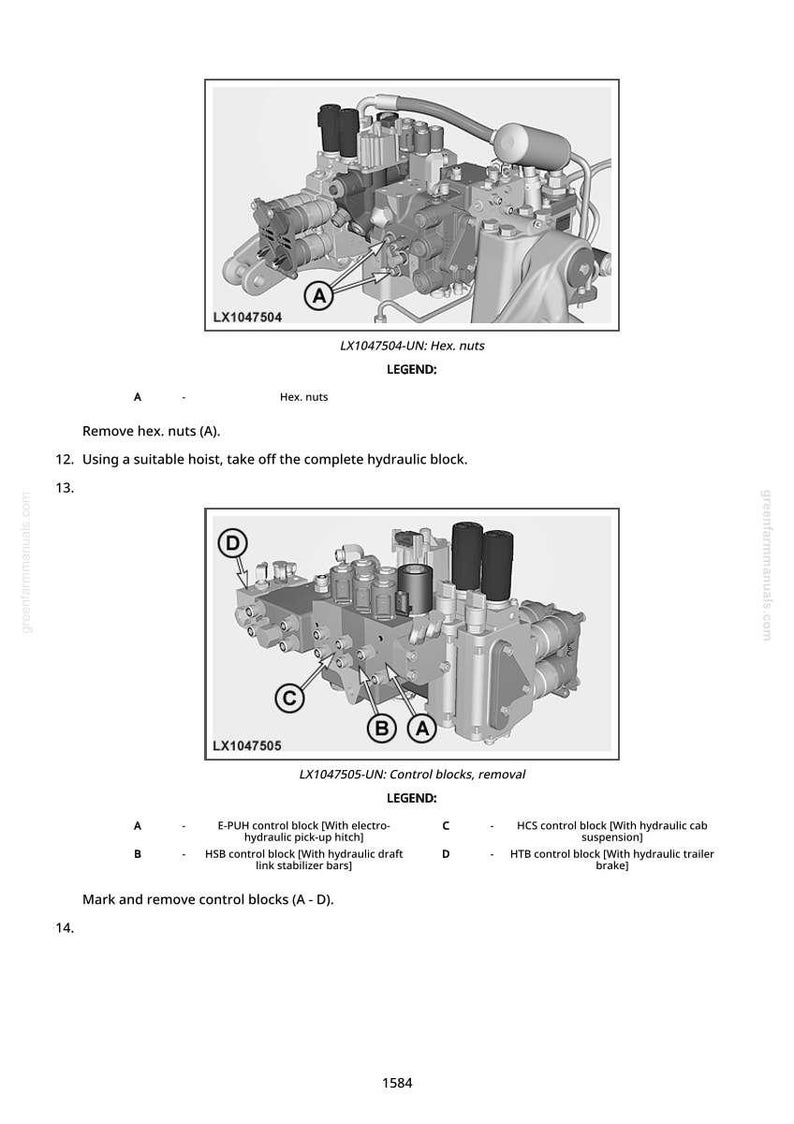 May include: Diagram of hydraulic components with labels and instructions. Includes close-up views of nuts and control blocks, with text annotations for removal and identification. The image is from a technical manual.
