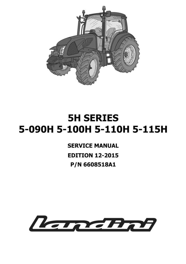 K&ouml;nnte beinhalten: Schwarz-Wei&szlig;-Illustration eines Traktors. Das Bild enth&auml;lt den Text "5H SERIES" und Modellnummern. Unter dem Traktor steht der Text "SERVICE MANUAL EDITION 12-2015 P/N 6608518A1" und das Landini-Logo.