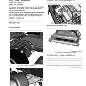 Puede incluir: Una gu&iacute;a de identificaci&oacute;n de producto para una cortadora de c&eacute;sped h&iacute;brida E-Cut. El documento incluye diagramas de componentes de la cortadora, ubicaciones de n&uacute;meros de serie y espacios para registrar los detalles de la compra. La gu&iacute;a es en blanco y negro.