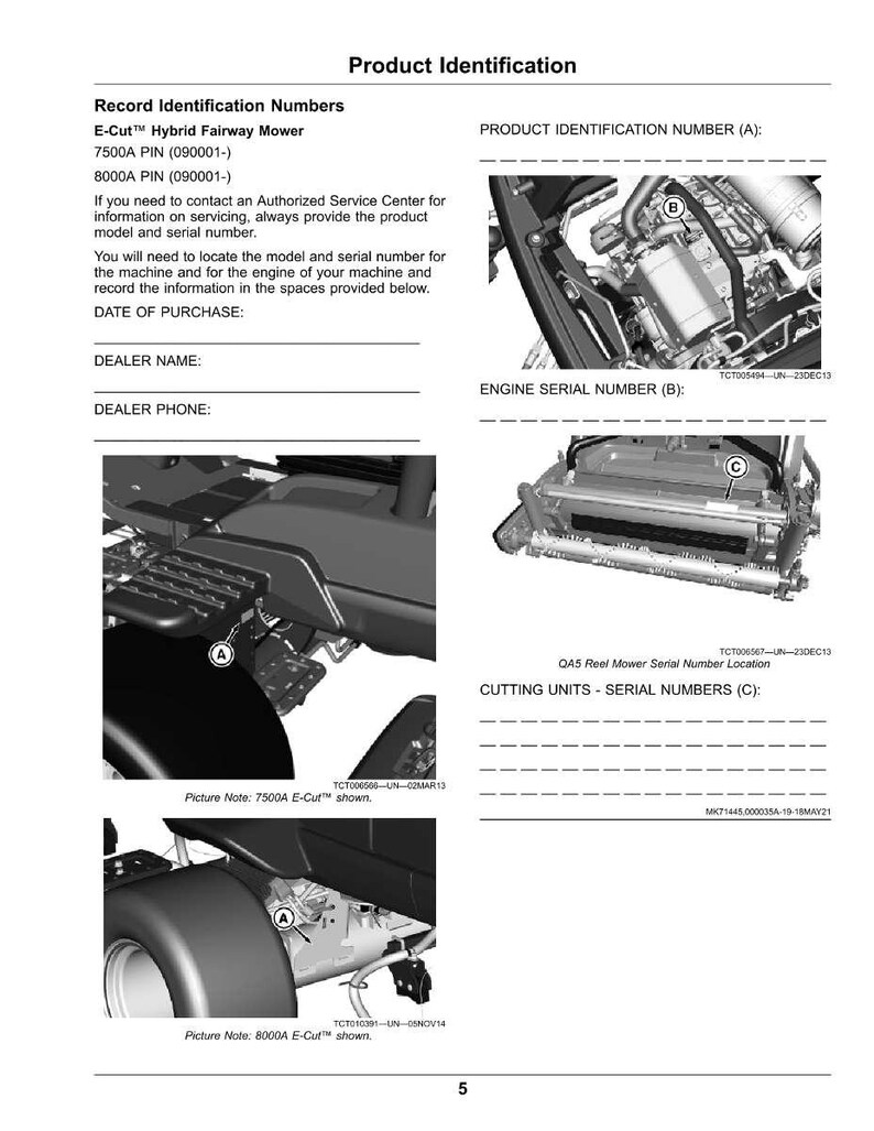 Puede incluir: Una gu&iacute;a de identificaci&oacute;n de producto para una cortadora de c&eacute;sped h&iacute;brida E-Cut. El documento incluye diagramas de componentes de la cortadora, ubicaciones de n&uacute;meros de serie y espacios para registrar los detalles de la compra. La gu&iacute;a es en blanco y negro.