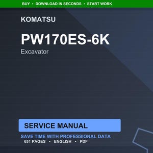 Op de afbeelding: Een digitale servicehandleiding voor een Komatsu PW170ES-6K graafmachine. De titel staat in grote witte letters op een donkerblauwe achtergrond. De kaft van de handleiding bevat de tekst "SERVICE MANUAL" en "SAVE TIME WITH PROFESSIONAL DATA".