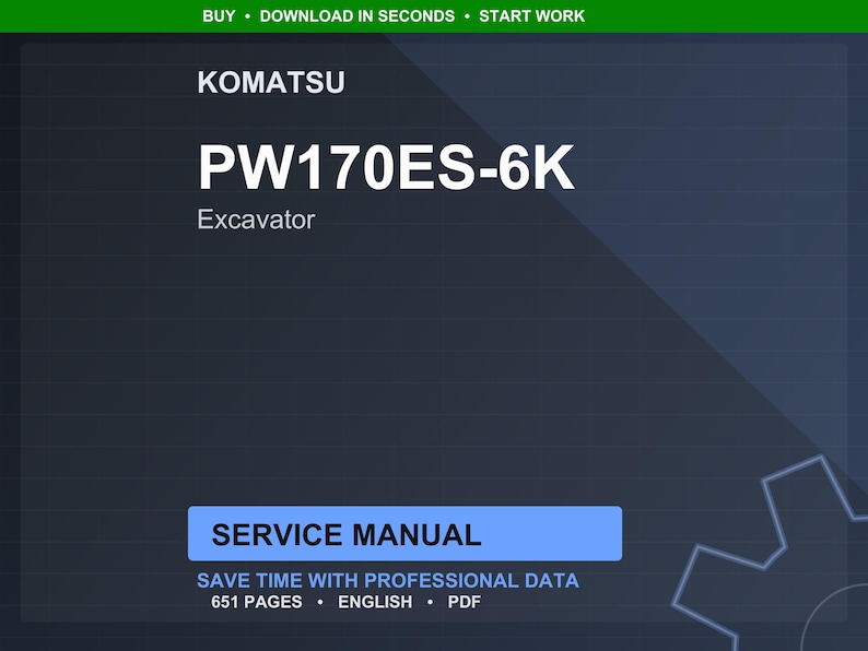 Op de afbeelding: Een digitale servicehandleiding voor een Komatsu PW170ES-6K graafmachine. De titel staat in grote witte letters op een donkerblauwe achtergrond. De kaft van de handleiding bevat de tekst "SERVICE MANUAL" en "SAVE TIME WITH PROFESSIONAL DATA".
