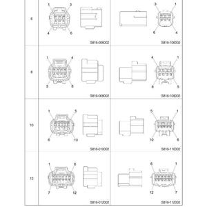 May include: Diagram of electrical connectors, including receptacle and plug connectors, with varying pin counts (6, 8, 10, and 12). Each connector is labeled with a part number, such as S816-006002.
