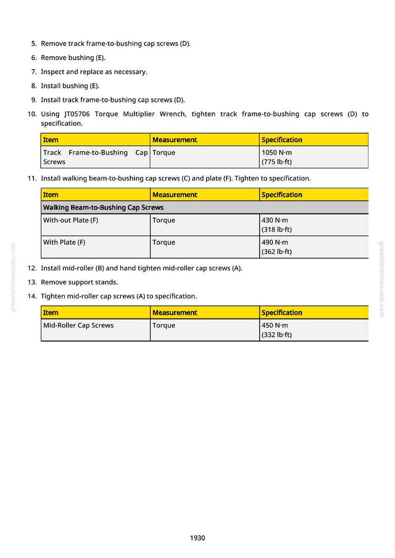Puede incluir: Una p&aacute;gina de manual con instrucciones para apretar tornillos y pernos. El texto incluye especificaciones de par en Newton-metros y libras-pie. El documento es de greenfarmmanuals.com.