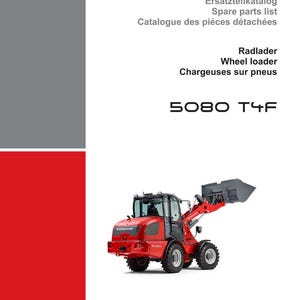 May include: Red Weidemann 5080 T4F wheel loader on a white background. The image includes the Weidemann logo and text in English, German, and French. The text includes "Spare parts list" and "Wheel loader."