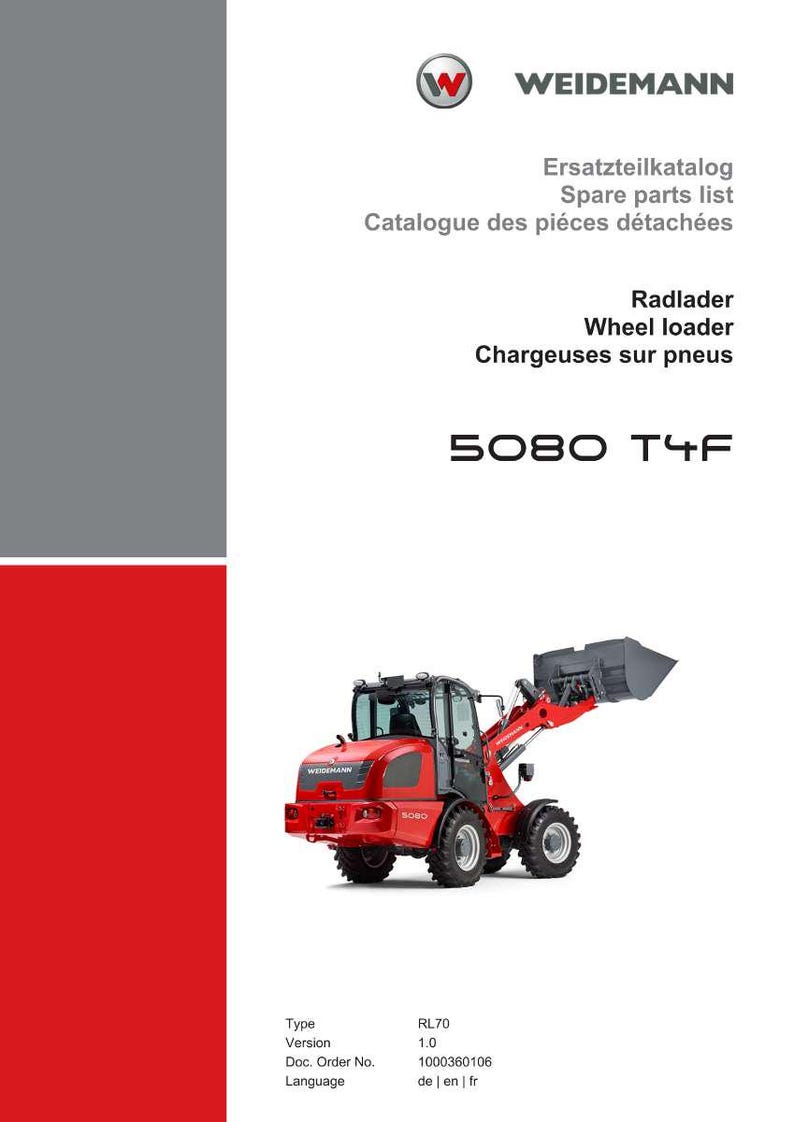 May include: Red Weidemann 5080 T4F wheel loader on a white background. The image includes the Weidemann logo and text in English, German, and French. The text includes "Spare parts list" and "Wheel loader."