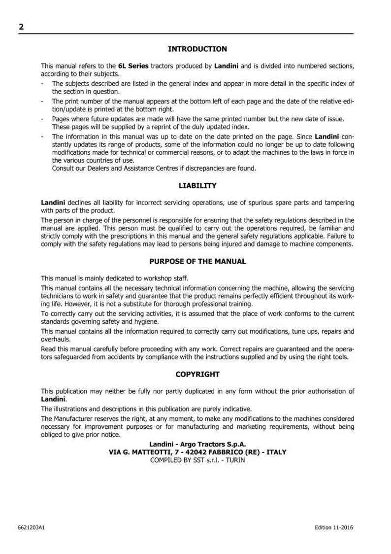 May include: A printed manual page with the title "INTRODUCTION" and the Landini logo. The text describes the 6L Series tractors, liability, and the manual's purpose. Includes technical information and copyright details. Edition 11-2016.