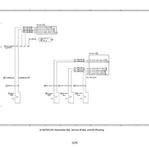 May include: A detailed black and white diagram of a mechanical system, featuring lines, symbols, and text. The diagram includes the text "N146763-UN: Detasseler Bar, Service Brake, and Re-Phasing" and the number "1270".