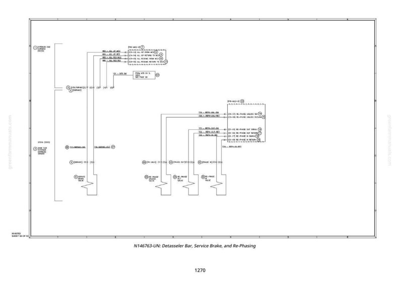 May include: A detailed black and white diagram of a mechanical system, featuring lines, symbols, and text. The diagram includes the text "N146763-UN: Detasseler Bar, Service Brake, and Re-Phasing" and the number "1270".