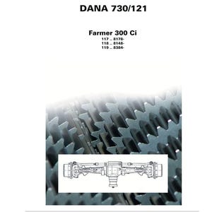 May include: Technical diagram for a tractor steering axle, featuring the text "DANA 730/121" and "Farmer 300 Ci." The image includes a detailed mechanical drawing of the axle and the Fendt logo.