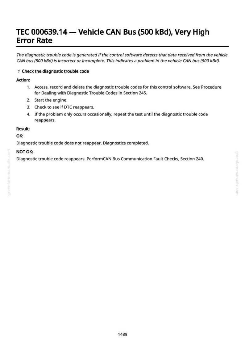 May include: A white document with the title "TEC 000639.14 - Vehicle CAN Bus (500 kBd), Very High Error Rate." The text describes diagnostic trouble codes and troubleshooting steps for a vehicle's CAN bus system.