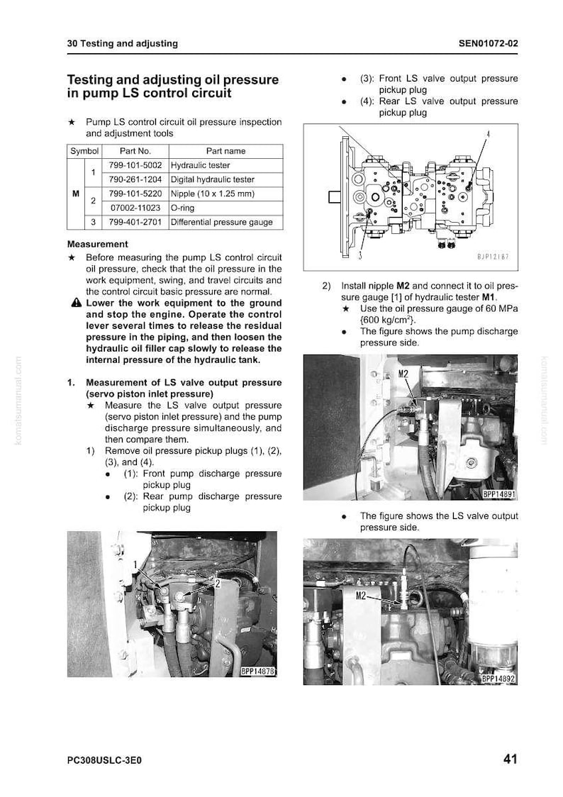 May include: Technical manual page detailing oil pressure testing and adjustment in a pump LS control circuit. Includes diagrams, part numbers, and instructions for measuring and comparing pressures. Features close-up images of components.