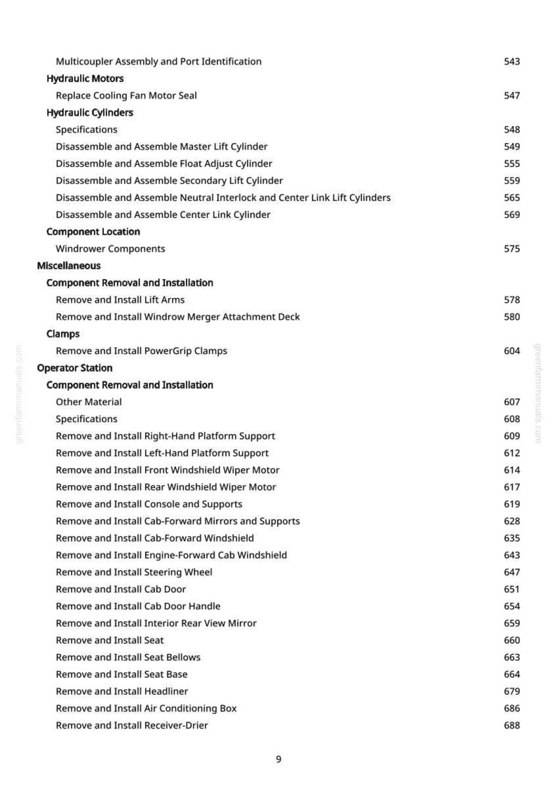 May include: A detailed page from a manual, listing various components and procedures for a machine. The text includes sections on hydraulic motors, cylinders, and component removal, with page numbers. The document is from greenfammanuals.com.
