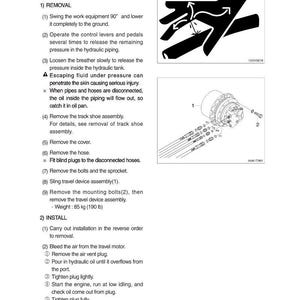 Op de afbeelding: Instructies en diagrammen voor het verwijderen en installeren van een reisapparaat. Bevat illustraties van handgebaren, een mechanisch onderdeel met bouten en tekst met details over het proces. Gewicht: 85 kg.